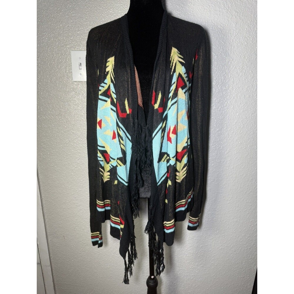 Rancho Estancia Cardigan Sweater Womens S Black Fringe Southwestern Aztec *flaw*